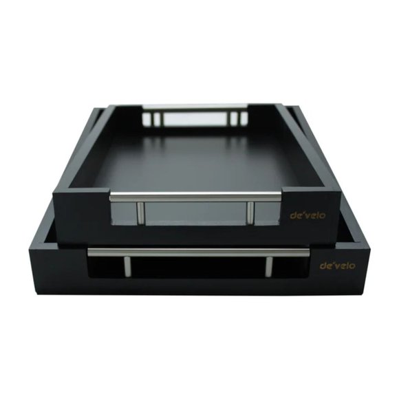 Bamboo Modern Serving Tray with Metal Handles (Set of 2) - BLACK - Picture 3 of 3